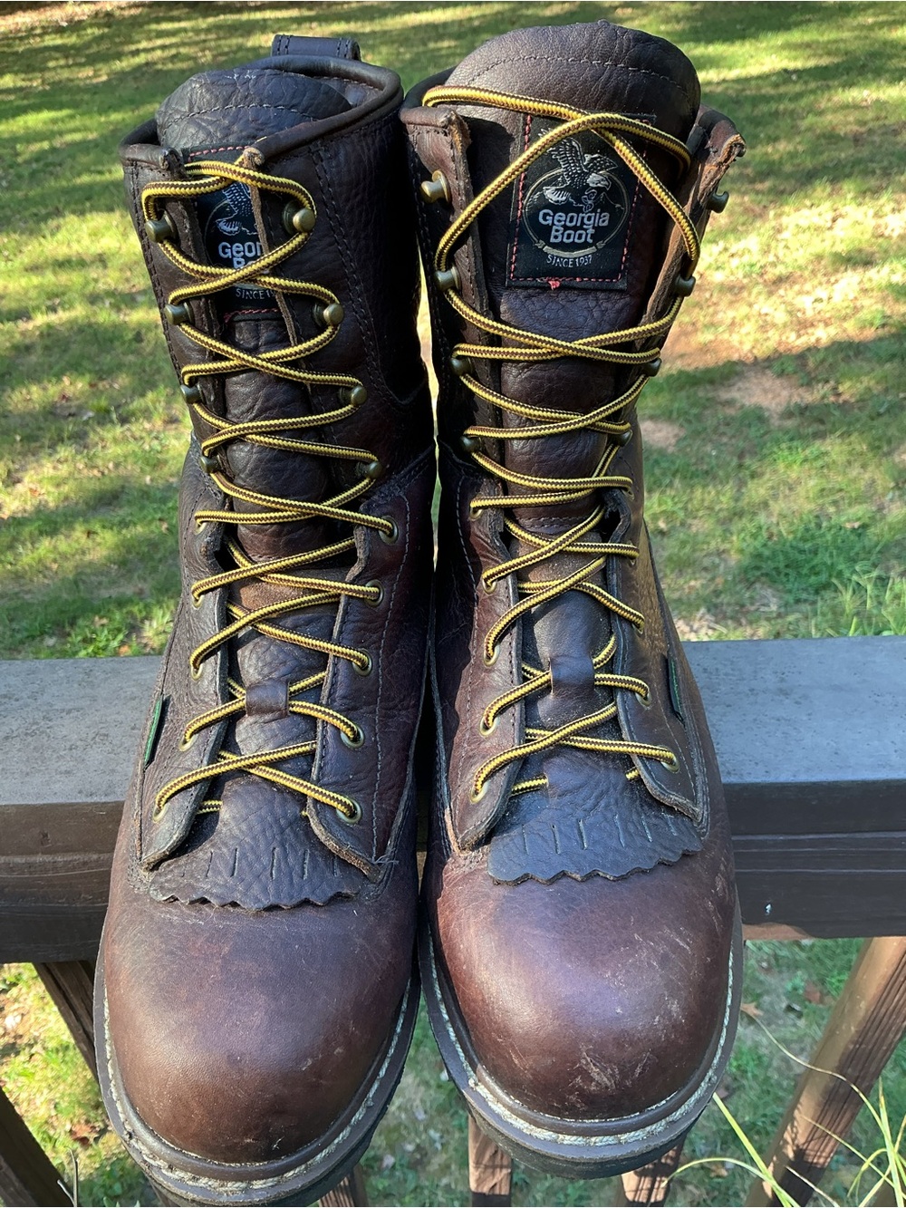 Georgia Boot Brown Leather Lace-Up Work Boots with Yellow Laces